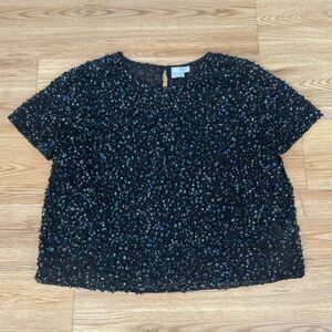 ASOS Women Sequin Short Sleeve Blouse Sz 16 Black Party Holiday NYE Sparkle Plus
